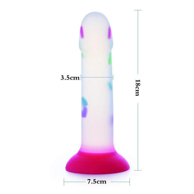 Transparenter Fluoreszenz Dildo mit farbigen Herzen und Saugnapf 18cm