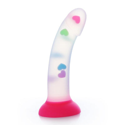 Transparenter Fluoreszenz Dildo mit farbigen Herzen und Saugnapf 18cm